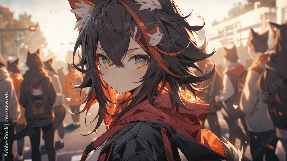 Fototapeta premium Beautiful young cat girl anime art style - Generative AI