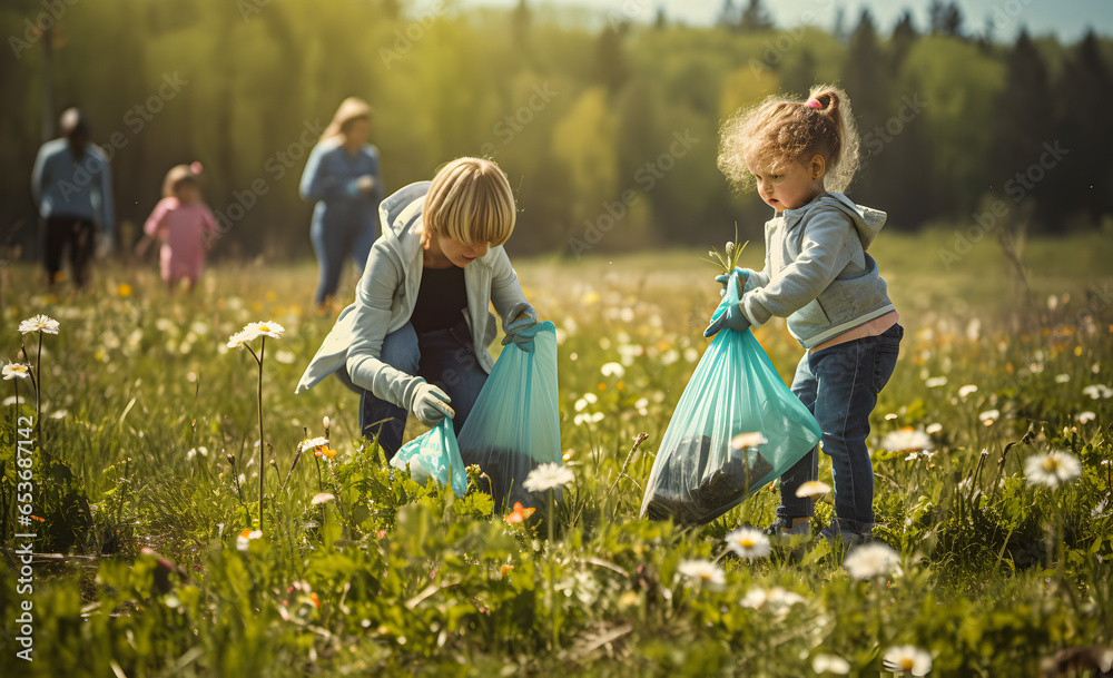 Children pick up trash in the park in honor of Earth Day - obrazy, fototapety, plakaty 
