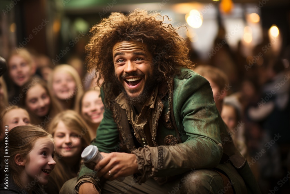 Leprechaun mascot entertaining children at a St. Patrick's Day event, Generative AI