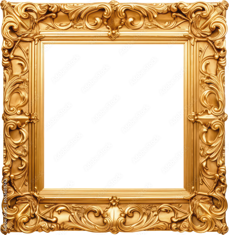 Antique square gold picture mirror frame isolated on transparent background, png Antique square gold picture mirror frame isolated on transparent background, png
