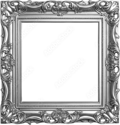 Antique square silver picture mirror frame isolated on transparent background, png