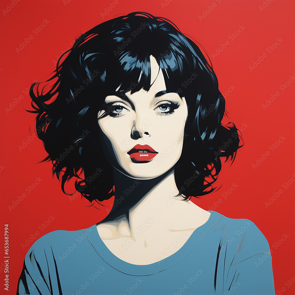 Duotone basic pop art 1980s' poster illustration of a girl with black hair against a red background. Duotone basic pop art 1980s' poster illustration of a girl with black hair against a red background.