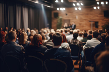 Rear view of audience in the conference hall or seminar meeting, business and education concept.