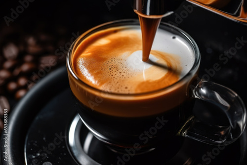 A cup of hot espresso coffee with smoke on roasted coffee beans