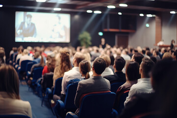 Back view of audience in the conference hall or seminar meeting with large media screen showing video presentation, business and education concept.
