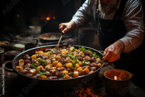 Traditional Irish stew being prepared in a rustic kitchen, Generative AI photo