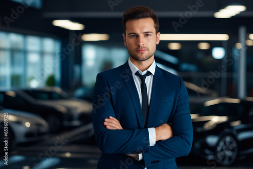 Man in suit and tie standing in car showroom. © valentyn640