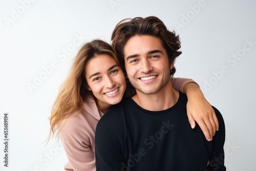 Man and woman are smiling for the camera while they are hugging.