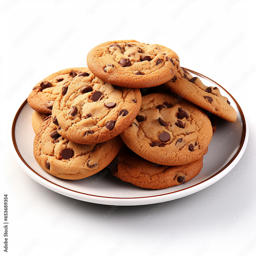 Chocolate chip cookies at the plate isolated on white. Made with generative ai Chocolate chip cookies at the plate isolated on white. Made with generative ai