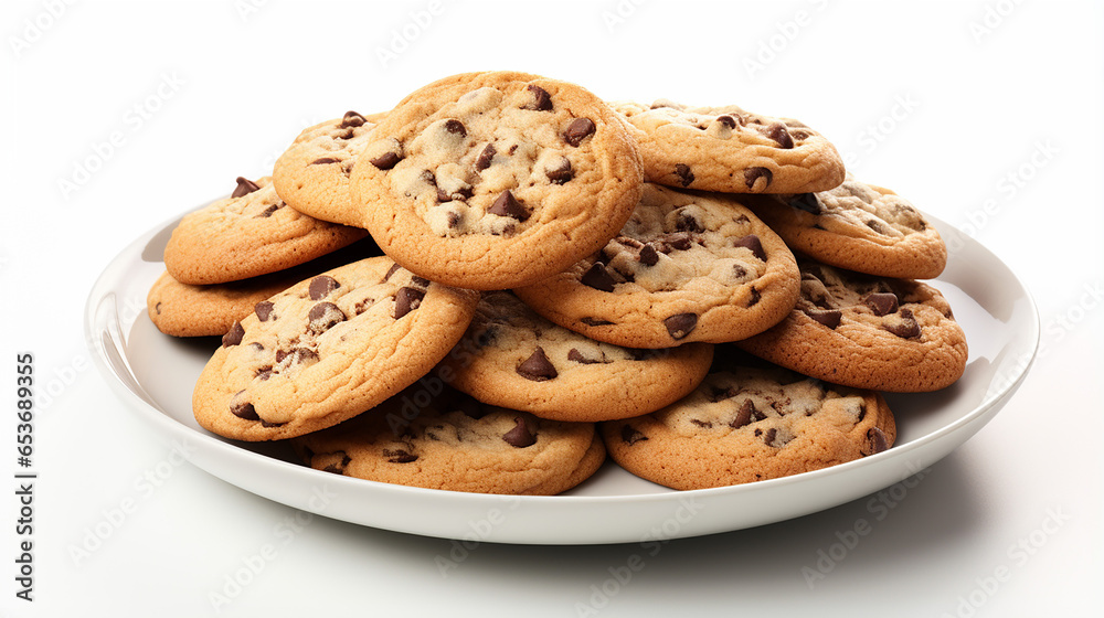 Chocolate chip cookies at the plate isolated on white. Made with generative ai