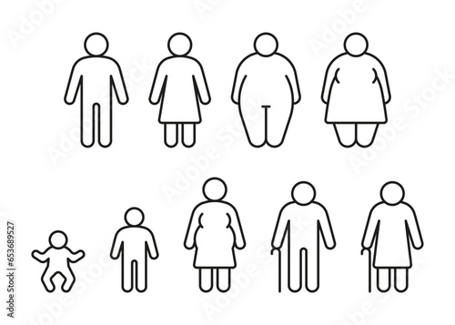 People different age, line icon. Man, woman, child and senior. Normal figure and obese. Vector illustration