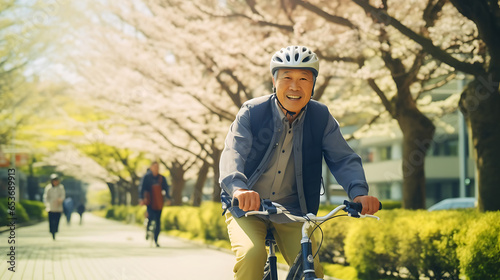 自転車とシニア男性、笑顔で道を走る元気な日本人