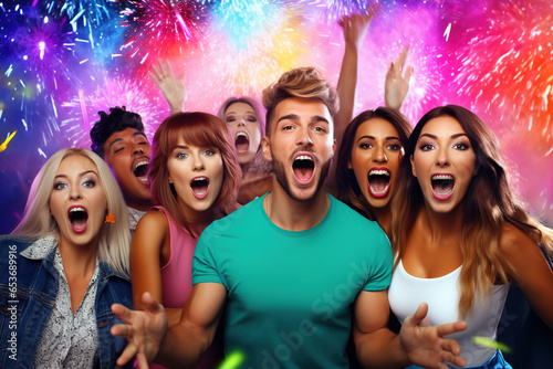 Group of cheerful young attractive people celebrating on multicolored background. Young handsome man surrounded with beautiful attractive girls. Winning concept.