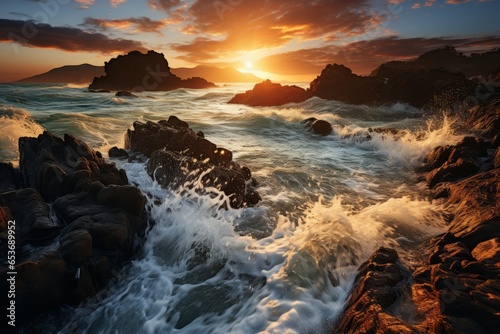 Coastal landscape with waves crashing against rocky shores, Generative AI © Shooting Star Std
