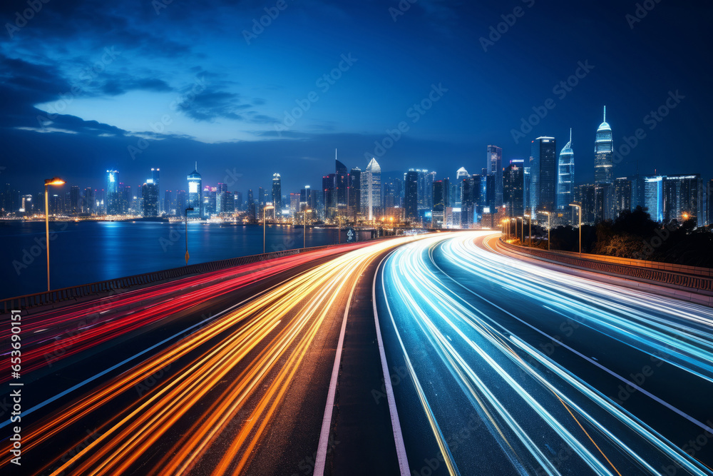 High speed urban traffic on a city highway during evening rush hour, car headlights and busy night transport captured by motion blur lighting effect and abstract long exposure photography - obrazy, fototapety, plakaty 