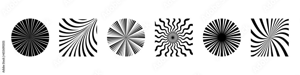 Sunburst geometric radial element stripes background. Set of radial stripes or sunburst backgrounds. Retro sunburst element collection