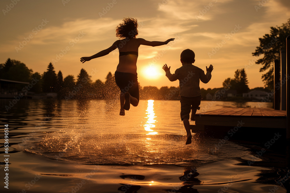 Mother and son joyfully leap from dock, capturing magical sunset bonding.