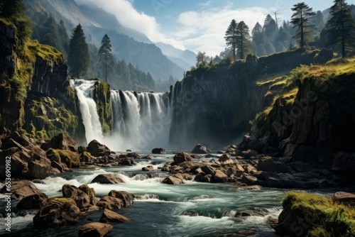 Majestic waterfall surrounded by pristine wilderness, Generative AI