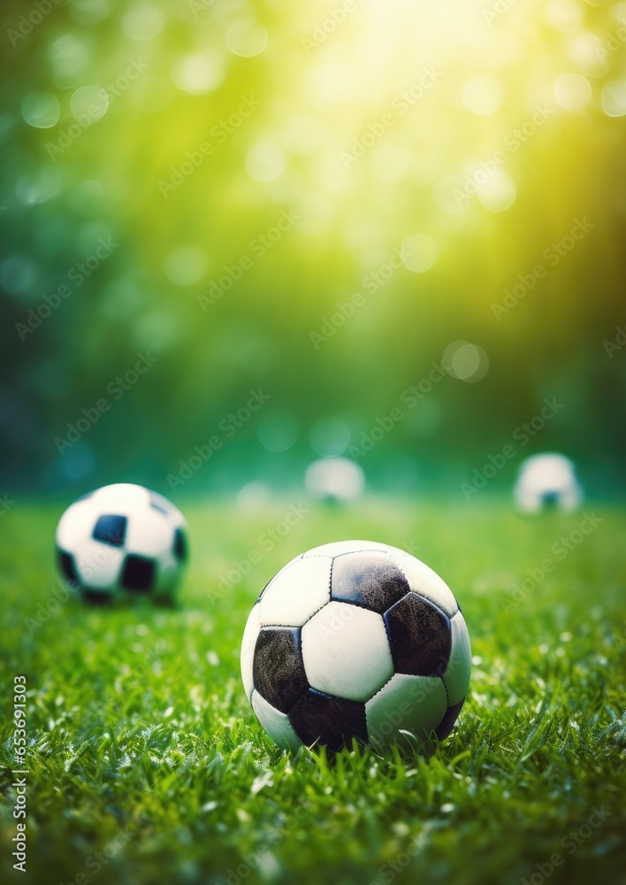 Fototapeta premium Black and white sport football ball put on green grass, football wallpaper. Generative Ai.