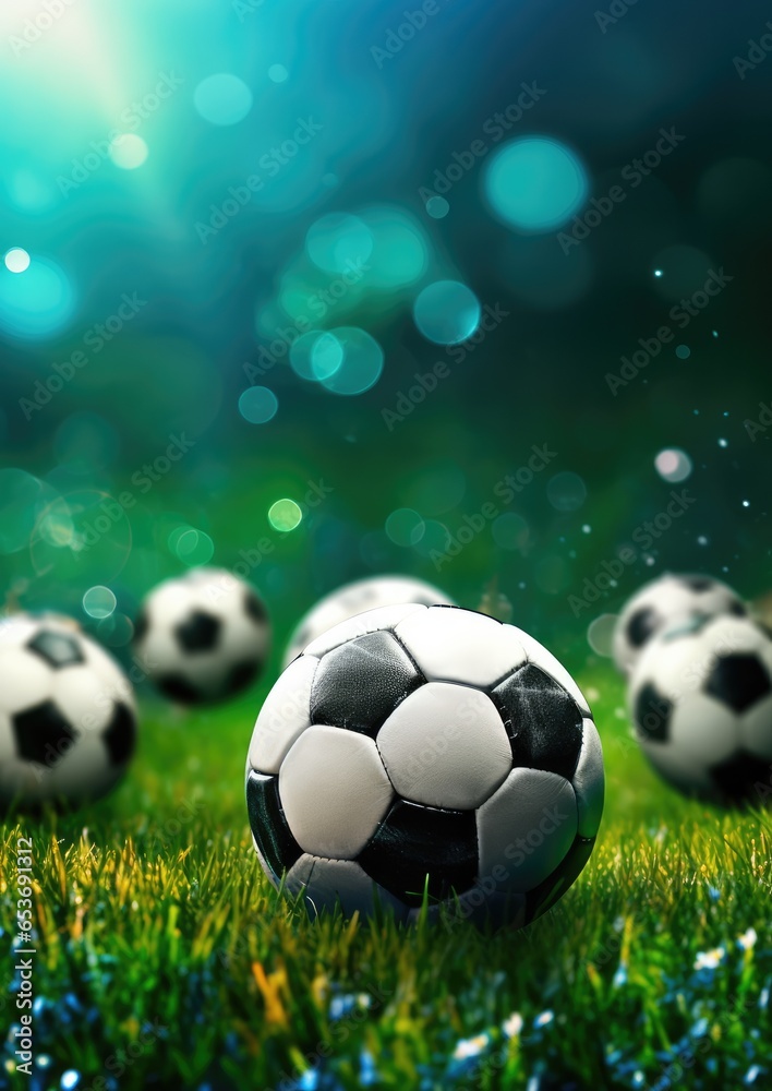 Fototapeta premium Black and white sport football ball put on green grass, football wallpaper. Generative Ai.