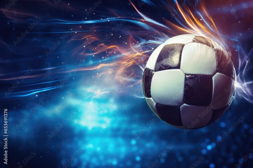 Fototapeta premium Football sport ball in action during match at the stadium, colorful. Generative Ai.