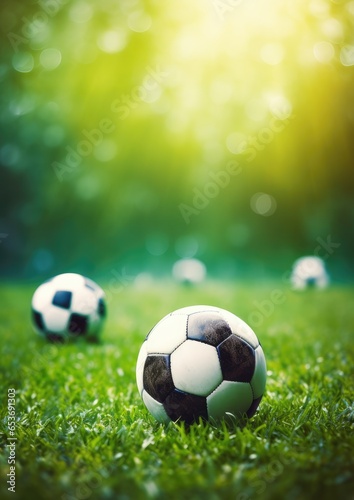 Black and white sport football ball put on green grass  football wallpaper. Generative Ai.