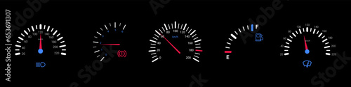 Measurement of car speed and engine revolutions. Set of vehicle indicator panel. Speedometer, fuel indicator, temperature meter