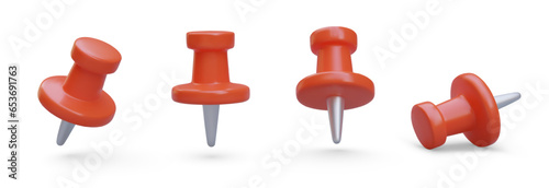 Set of realistic stationery pins. Red office thumbtack in vertical, horizontal, inclined position. Plastic stationery. Attachment, fixation. Isolated vector