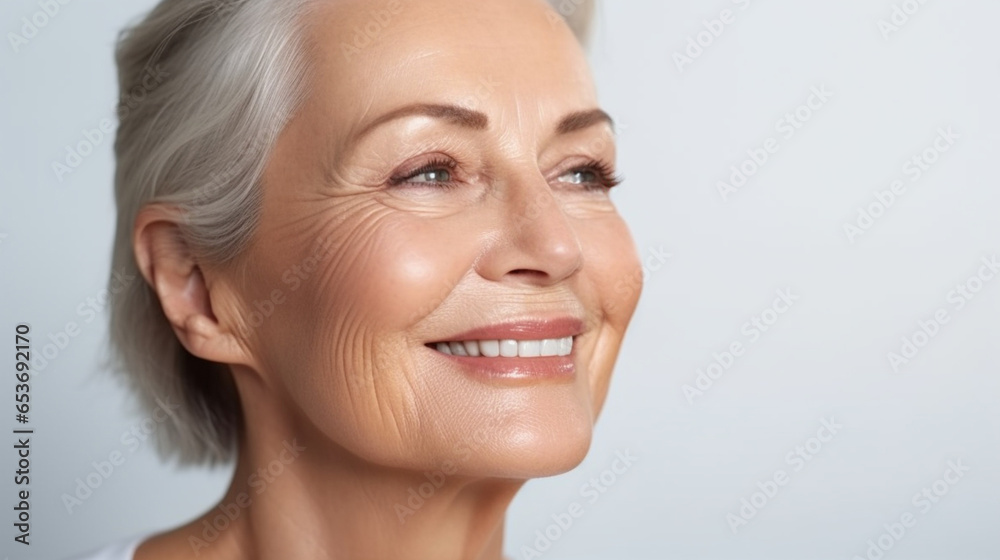A mature lady's close-up portrait, emanating timeless grace and poise, face skin care beauty A mature lady's close-up portrait, emanating timeless grace and poise, face skin care beauty