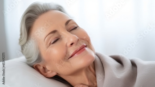 An elegant close-up shot of a mid-age beautiful elderly senior woman, face skin care beauty