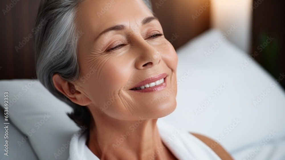 A close-up of a mid-age beautiful elderly senior woman, face skin care beauty A close-up of a mid-age beautiful elderly senior woman, face skin care beauty