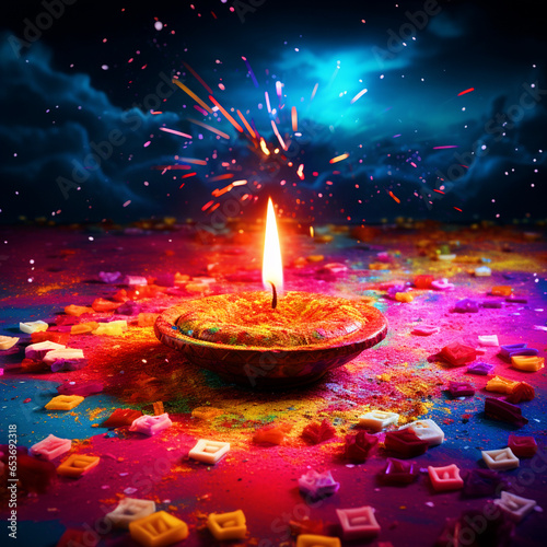 Diya placed in middle of colorful rangoli happy Diwali background - ai generative