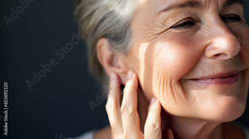 A close-up shot highlighting the inner strength and beauty of a mature senior lady, face skin care beauty
