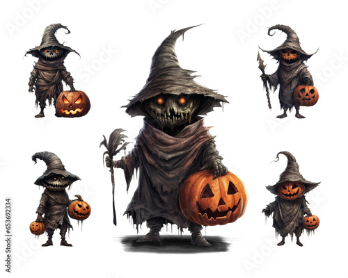 Set of Halloween cartoon evil characters holding pumpkin lanterns. Scary character in a witch's hat and black cloak with a scary face. Vector isolated illustration created using AI generation