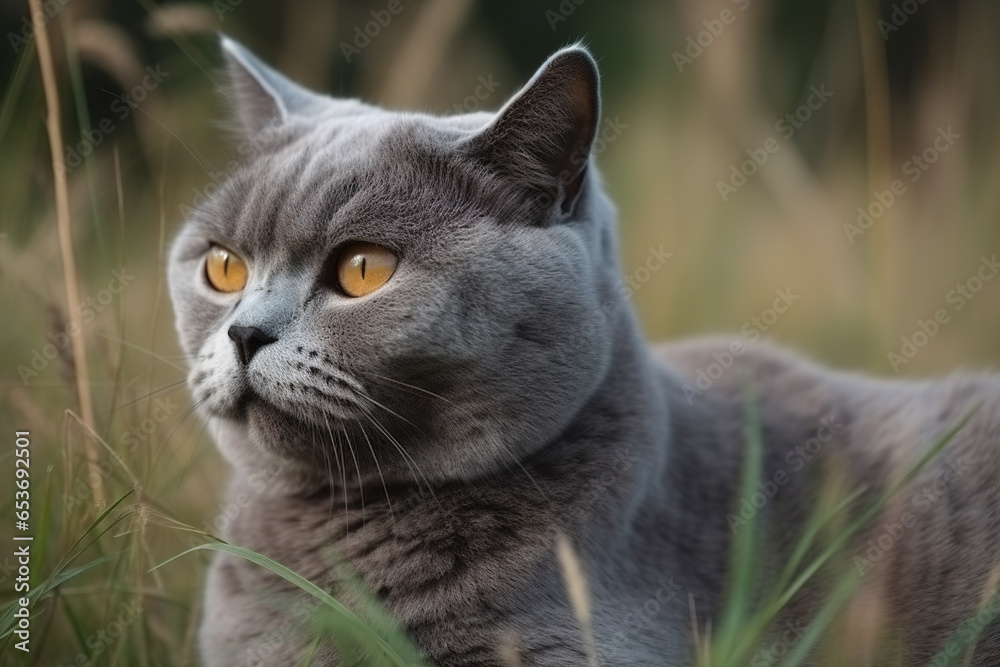 Image of british shorthair cat resting on green pasture grass. Pet, Illustration, Generative AI.