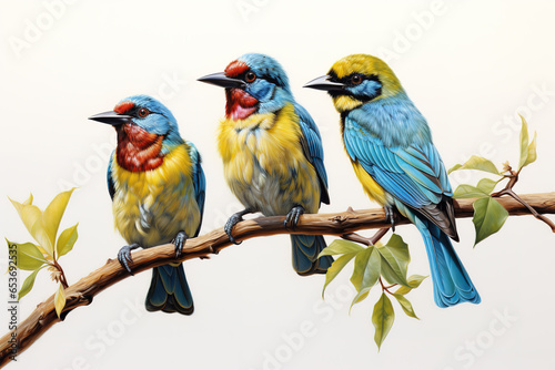 Image of group of blue-throated barbet bird on a branch on a white background. Birds. Animals. Illustration, Generative AI.