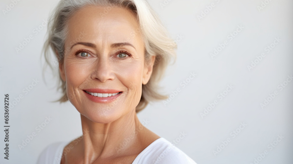 A mature lady's close-up portrait, highlighting her timeless elegance and grace, face skin care beauty - obrazy, fototapety, plakaty 