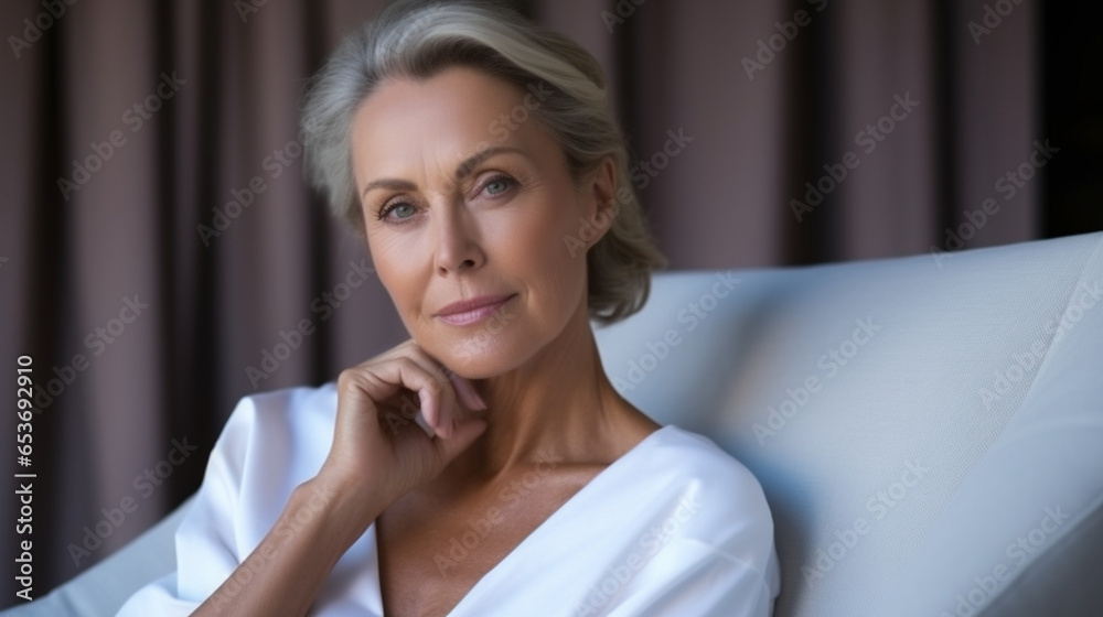 An elegant and dignified close-up of a mid-age beautiful elderly senior model woman, face skin care beauty An elegant and dignified close-up of a mid-age beautiful elderly senior model woman, face skin care beauty