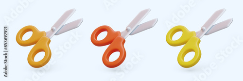 Set of scissors with handles of different colors. Tool for cutting paper, cardboard. Stationery with sharp blades. Isolated color icons. Vector realistic illustration