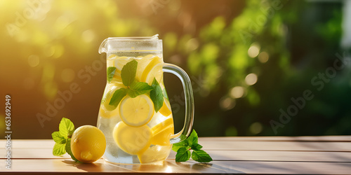 Summer Refreshing lemonade with lemon slices in nature.