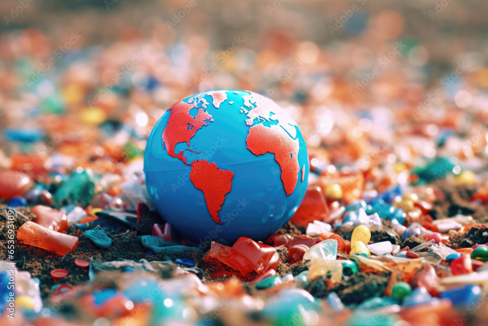 Close-up of plastic globe covered in plastic waste, representing the global issue of plastic pollution on Earth. Urgent call for environmental conservation.
Close-up of plastic globe covered in plastic waste, representing the global issue of plastic pollution on Earth. Urgent call for environmental conservation.