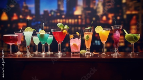 Cosmopolitan, Martini Dry, Pina colada, Bloody Mary colorful alcoholic cocktails on a bar counter for night party for friends and business partners on night cityscpae background photo