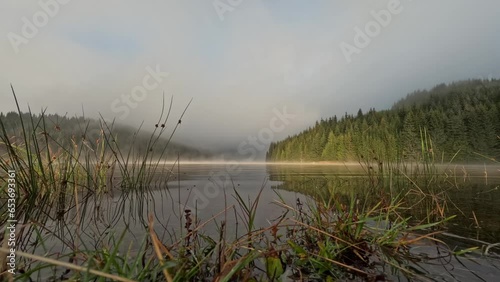 Timelapse of early morning mist floating over calm water lake. Slowly floating vapor, water evaporating over lake at down time, before sunrise 