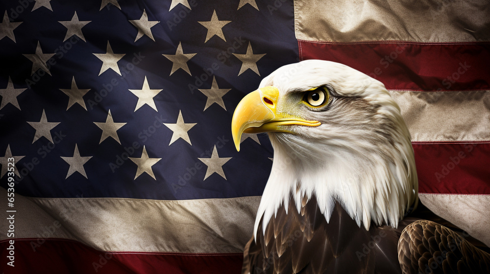 Naklejka premium White headed eagle, USA flag background.