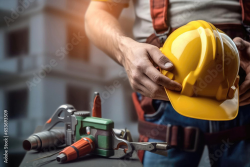 Professional construction engineer holding a hard hat in his hands