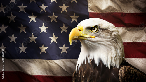 White headed eagle, USA flag background.