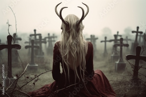 Eerie stillness of a forgotten graveyard shrouded in mist with a demonic childlike horned succubus terrorizing the restless dead, dark art fantasy Victorian goth inspired fashion cosplay.  photo