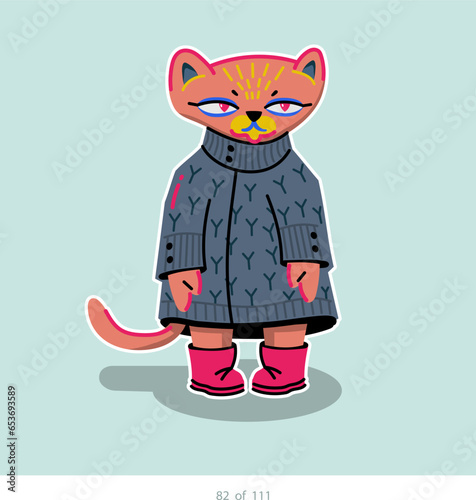 Cartoon stylized cat character. Set of 111 units. Number 82. 2d animation, printing, pets, stickers, digital art. Conceptual toys.
