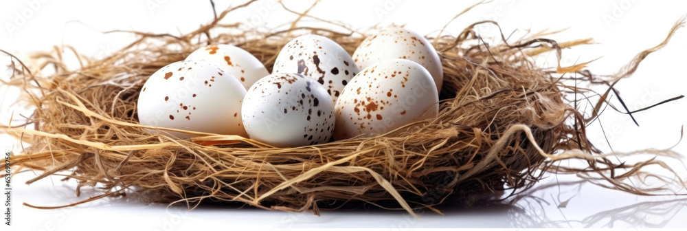 Heap of quail eggs in a straw nest on a white background. Banner Heap of quail eggs in a straw nest on a white background. Banner