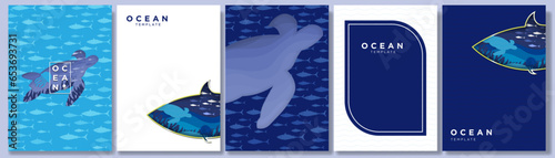 Set of Ocean and marine life themed poster layouts. Paper cut out concept of the ocean and sea life in turtle and fish silhouette. Copy space. Editable Vector Illustration. 
